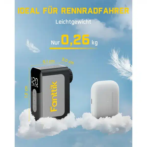 Fanttik X10 Ace Mini Fahrradpumpe mit Gewichtsangabe und Größenvergleich, ideal für Rennradfahrer