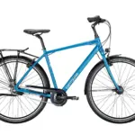 Blaues Contoura AL-2 Fahrrad mit Gepäckträger und Schutzblechen, fotografiert vor weißem Hintergrund.