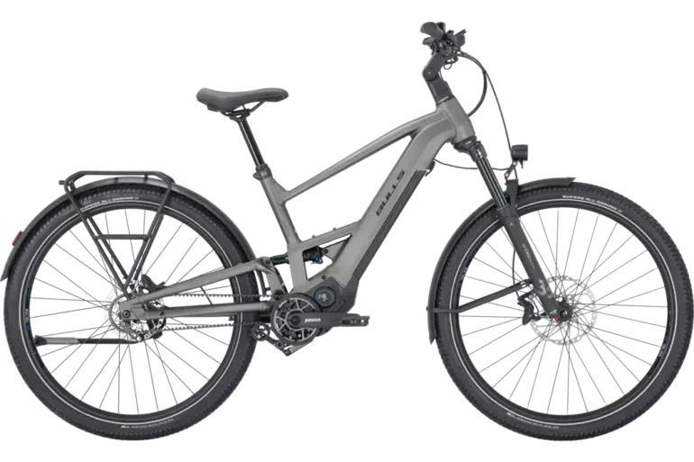 Graues BULLS VUCA EVO FSX 1 Wave E-Bike mit Pinion MGU und Gates Riemenantrieb
