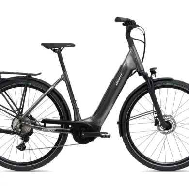 Graues Giant DailyTour E+ 2 D LDS Trekking E-Bike von vorne links.