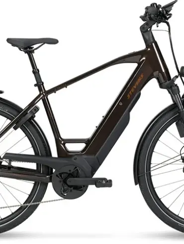 Seitenansicht eines braunen Stevens E-Triton 8.8.1 Plus Trekking-E-Bikes mit schwarzem Gepäckträger, Federgabel und breiten Reifen.