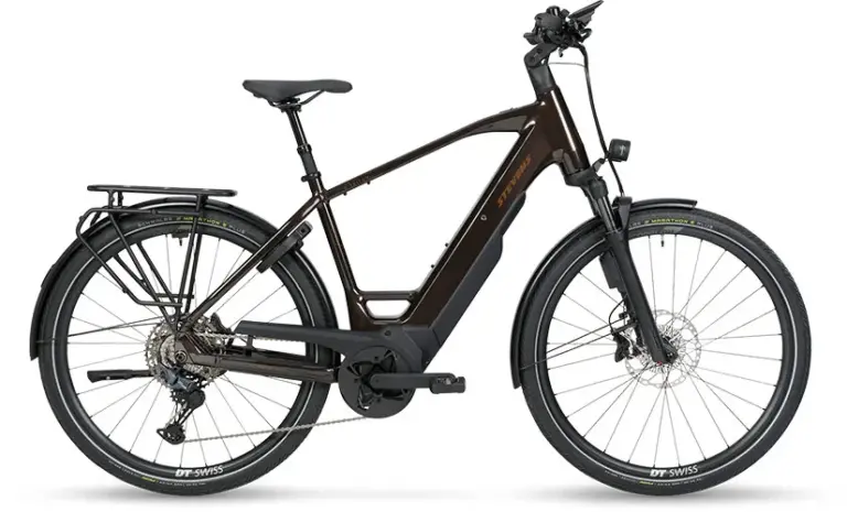 Seitenansicht eines braunen Stevens E-Triton 8.8.1 Plus Trekking-E-Bikes mit schwarzem Gepäckträger, Federgabel und breiten Reifen.