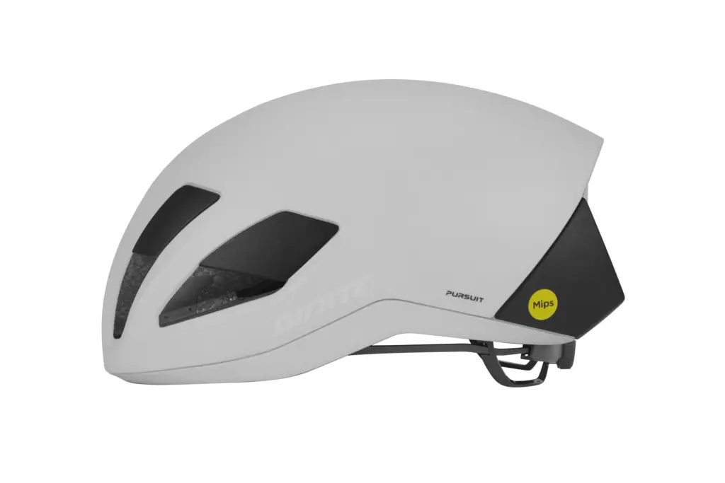 Seitenansicht eines weißen Giant Pursuit Aero Fahrradhelms mit Mips-Technologie
