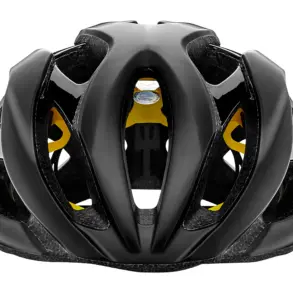 Oberansicht eines schwarzen Giant Rev MIPS Fahrradhelms mit gelben Akzenten und Belüftungsöffnungen, isoliert vor weißem Hintergrund.