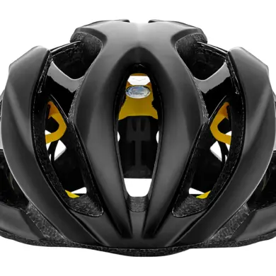 Oberansicht eines schwarzen Giant Rev MIPS Fahrradhelms mit gelben Akzenten und Belüftungsöffnungen, isoliert vor weißem Hintergrund.
