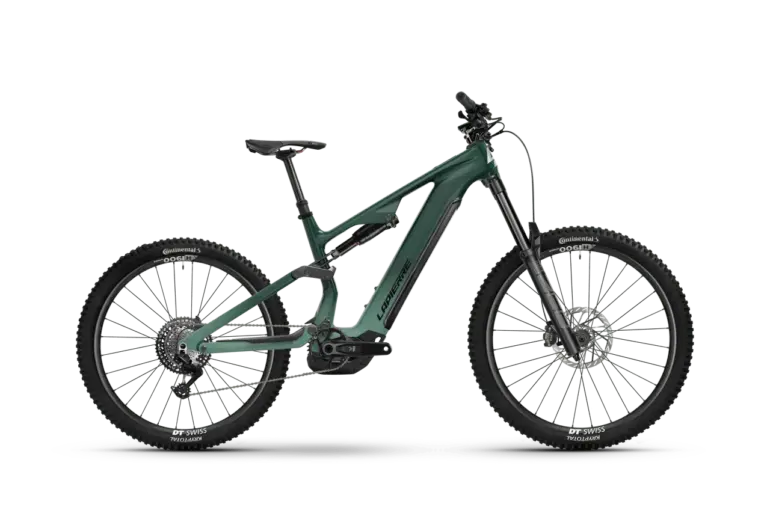 Seitenansicht eines Lapierre OVERVOLT AM CF 6.8 E-Mountainbikes in Deep Emerald Green.
