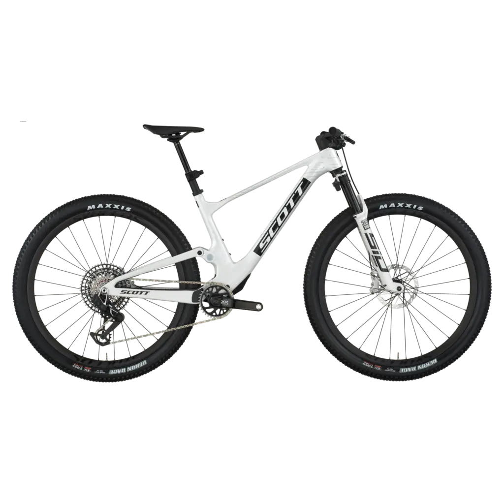 Scott Spark RC World Cup EVO vollgefedertes Mountainbike, vorne ein weißes RockShox Federgabel, hinten ein Dämpfer, SRAM XX SL Eagle AXS Schaltung, Syncros Silverton Carbon Laufräder.