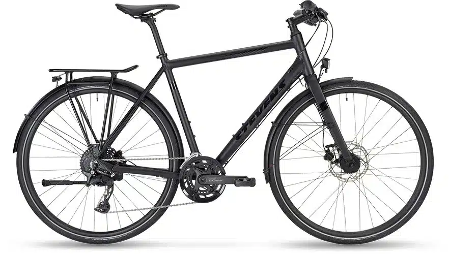 Schwarz lackiertes Stevens Tourenrad mit leichter Aluminiumgabel und Shimano CUES Schaltung.