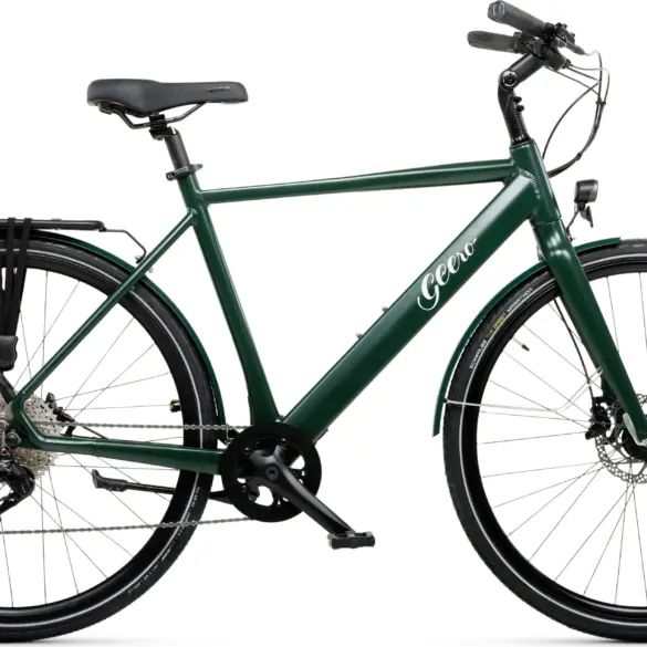 Seitenansicht eines dunkelgrünen Geero FLEX E-Bikes mit schwarzem Sattel und Griffen.