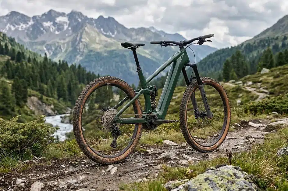 Dunkelgrünes E-Enduro-Fahrrad vom Typ Maxx Fab.4 Ela steht auf einem Schotterweg in den Bergen.