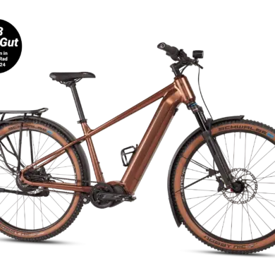 Ein bronzefarbenes MAXX Pacemaxx ELS Tour SUV-E-Bike mit Gepäckträger, Schutzblechen und Federgabel.