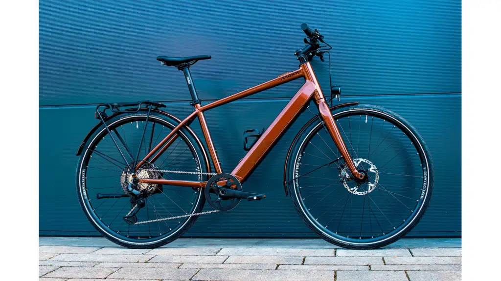 Braunes MAXX Roadmaxx ELF Tour E-Bike mit Gepäckträger und Schutzblechen, von der Seite fotografiert.