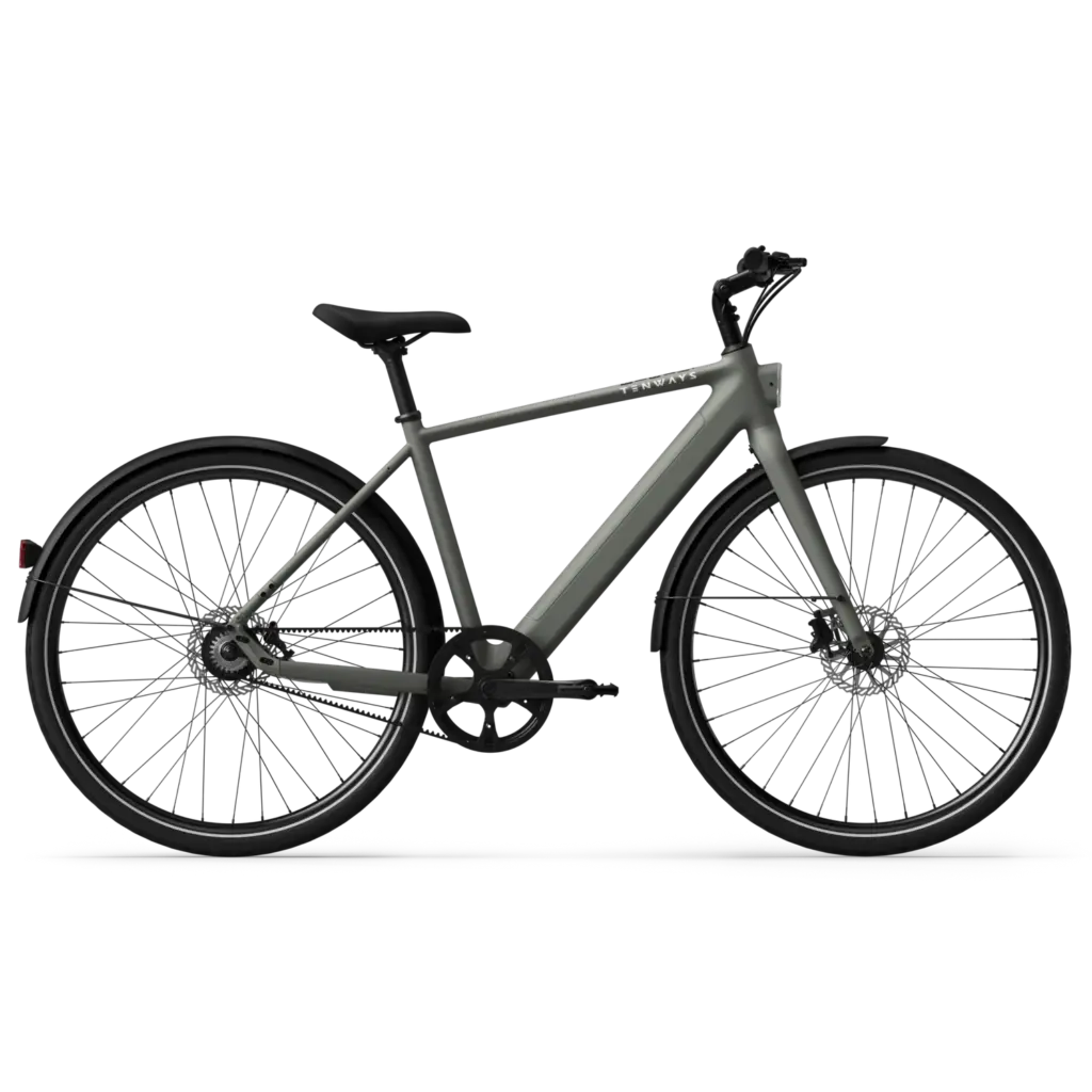 Graues TENWAYS CGO600 Pro Urban E-Bike mit Riemenantrieb und schwarzen Felgen.