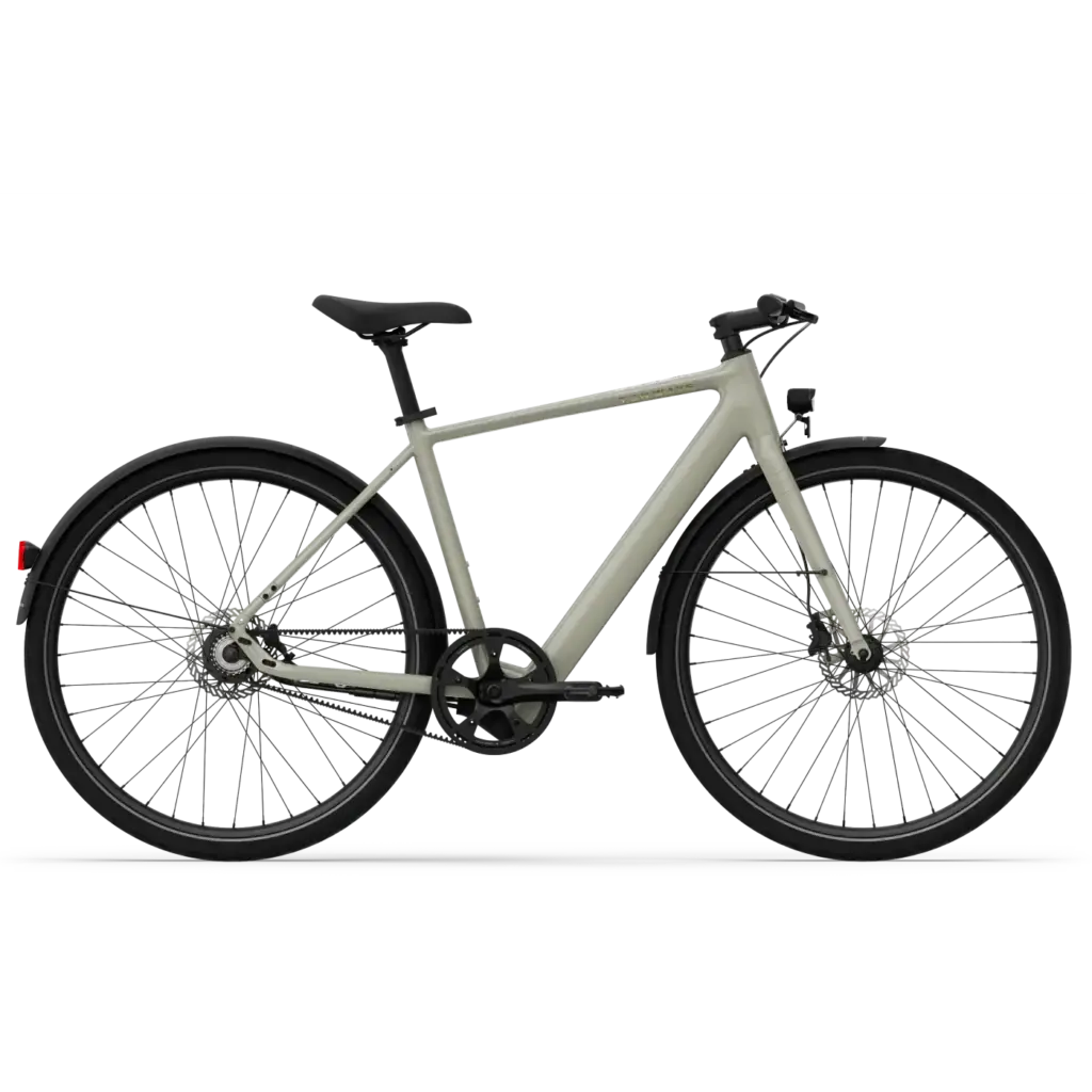 Graues TENWAYS CGO600 E-Bike mit Riemenantrieb und geradem Rahmen, von der Seite betrachtet.