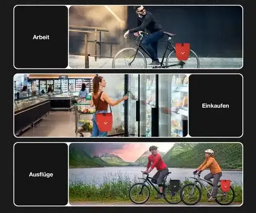 Collage, die drei Anwendungsszenarien der Valkental Bike Bag zeigt: ein Mann auf dem Fahrrad auf dem Weg zur Arbeit, eine Frau beim Einkaufen und zwei Personen auf Fahrrädern bei einem Ausflug in der Natur.
