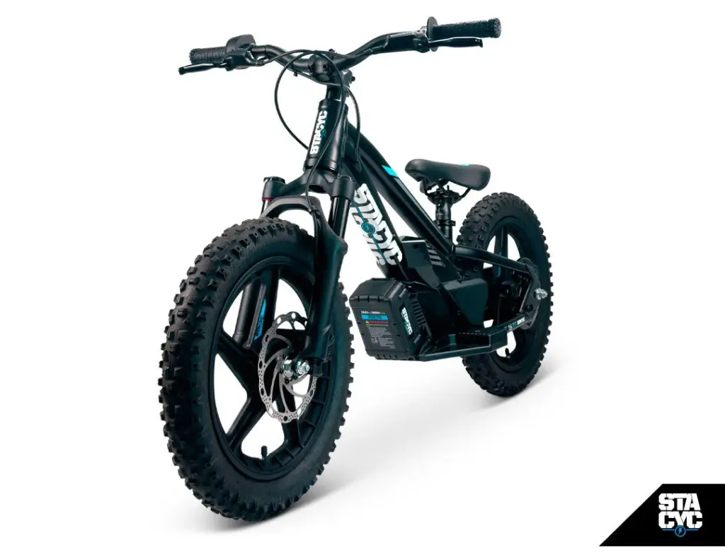 STACYC 16eDRIVE ELITE 36V Elektro-Balancebike mit Aluminiumrahmen, Luftfedergabel und hydraulischen Scheibenbremsen.