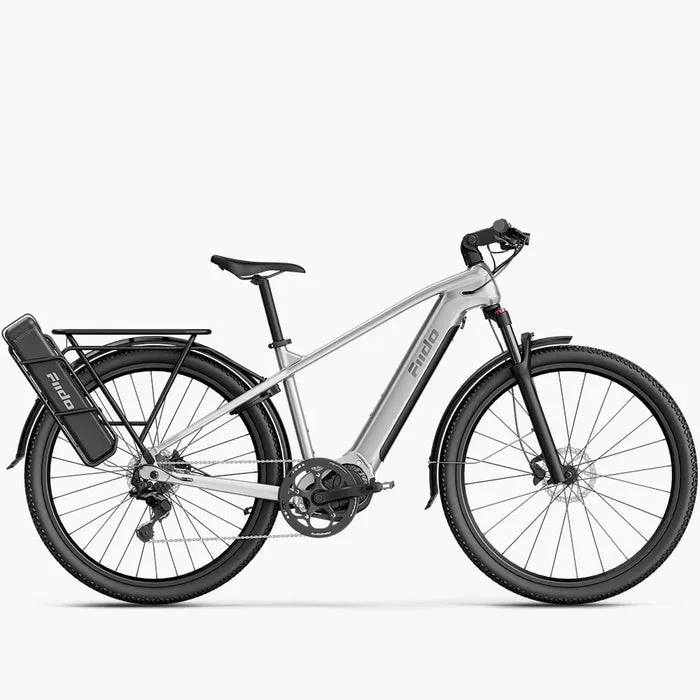 Seitenansicht eines silbernen Fiido Nomads Pro Trekking E-Bikes mit montiertem Akku am Heck und Gepäckträger.