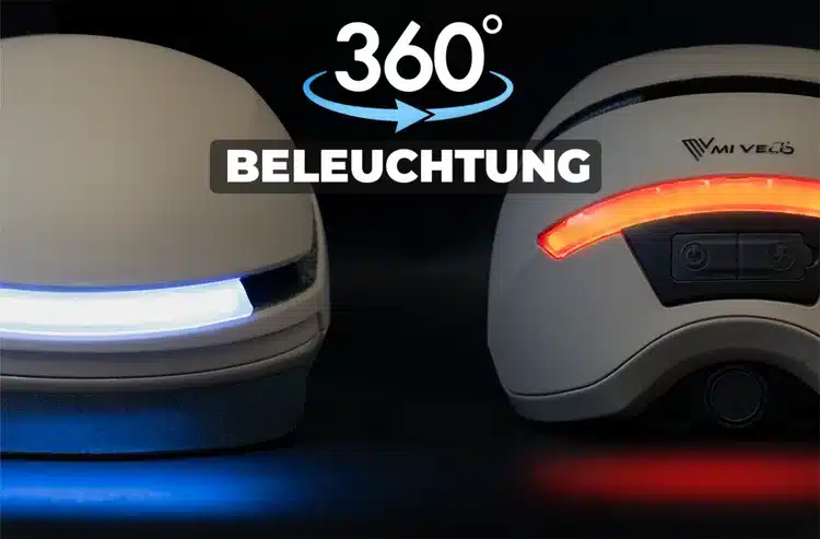 Zwei Ansichten eines Fahrradhelms mit dem Schriftzug "BELEUCHTUNG" und "360°".