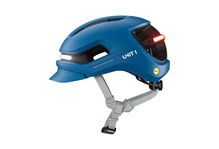 Blauer UNIT 1 AURA Mips E-Bike Helm mit integrierten Front- und Rückleuchten, Seitenansicht