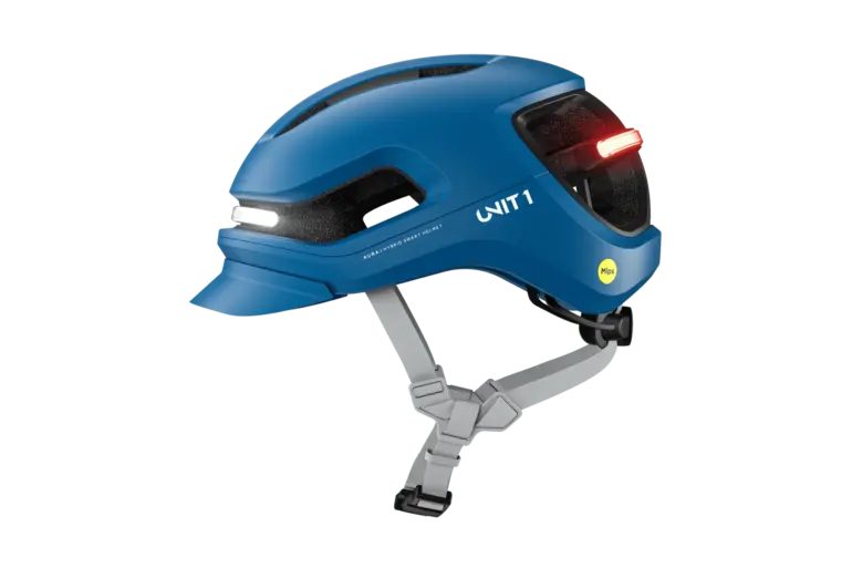 Blauer UNIT 1 AURA Mips E-Bike Helm mit integrierten Front- und Rückleuchten, Seitenansicht