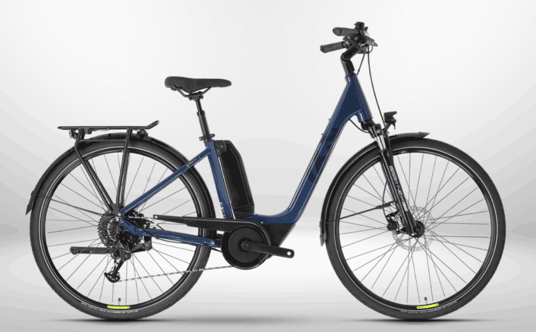 Husqvarna Grand City Y3 E-Bike in Blau mit tiefem Einstieg und Yamaha Mittelmotor.