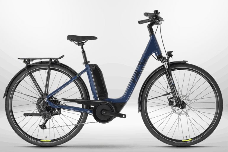 Husqvarna Grand City Y3 E-Bike in Blau mit tiefem Einstieg und Yamaha Mittelmotor.