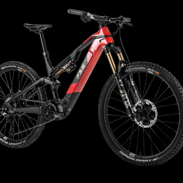 Seitenansicht des ROTWILD R.X735 E-Mountainbikes mit rotem Rahmen, FOX 36 Float Gabel und Schwalbe Reifen vor schwarzem Hintergrund.