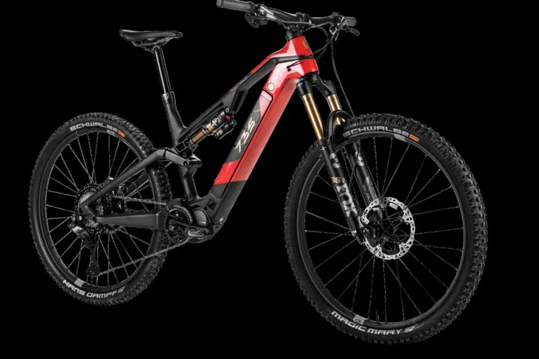 Seitenansicht des ROTWILD R.X735 E-Mountainbikes mit rotem Rahmen, FOX 36 Float Gabel und Schwalbe Reifen vor schwarzem Hintergrund.