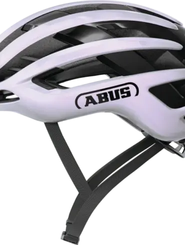 Seitenansicht des ABUS AirBreaker 2.0 Fahrradhelms in Weiß mit schwarzen Belüftungsöffnungen und ABUS-Logo