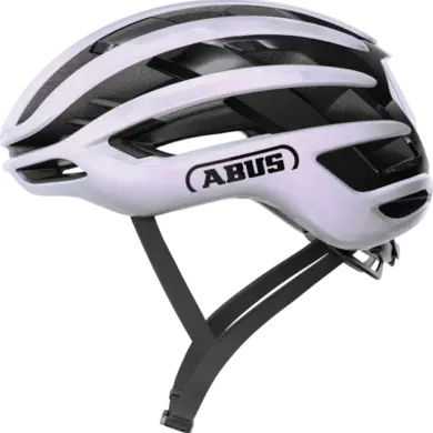 Seitenansicht des ABUS AirBreaker 2.0 Fahrradhelms in Weiß mit schwarzen Belüftungsöffnungen und ABUS-Logo