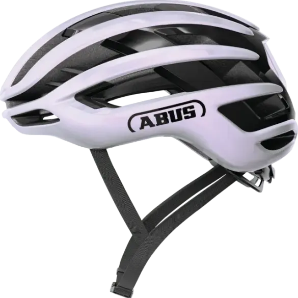 Seitenansicht des ABUS AirBreaker 2.0 Fahrradhelms in Weiß mit schwarzen Belüftungsöffnungen und ABUS-Logo