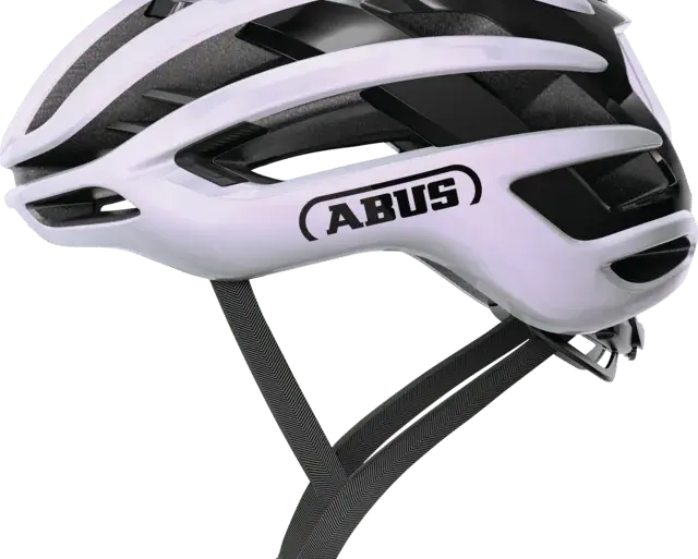 Seitenansicht des ABUS AirBreaker 2.0 Fahrradhelms in Weiß mit schwarzen Belüftungsöffnungen und ABUS-Logo