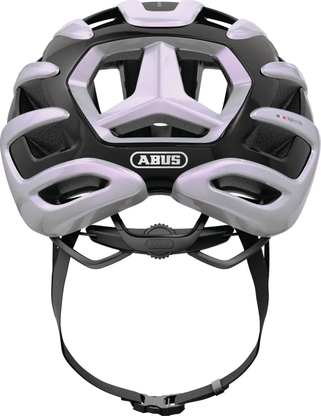 Rückansicht des ABUS AirBreaker 2.0 Fahrradhelms in Schwarz und Silber mit großen Belüftungsöffnungen und ABUS-Logo