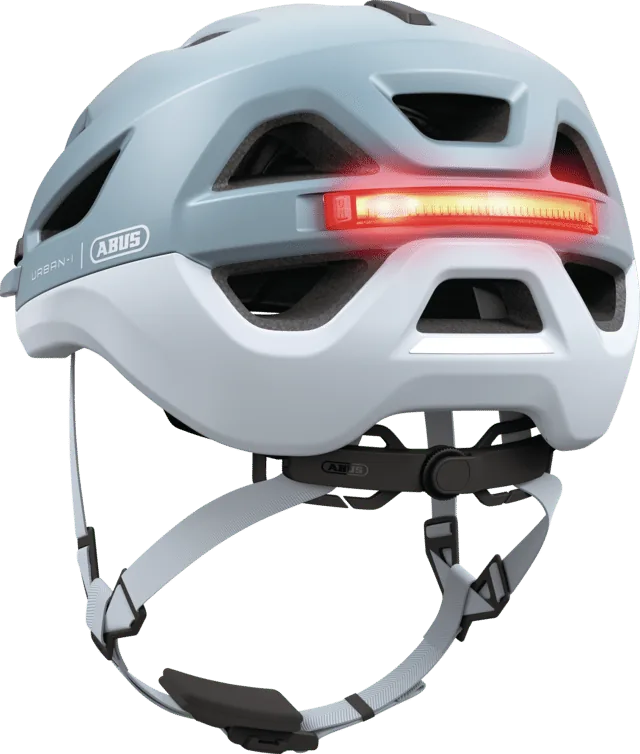 ABUS Urban-I 4.0 ACE Fahrradhelm in Blau mit aktiviertem LED-Rücklicht von hinten