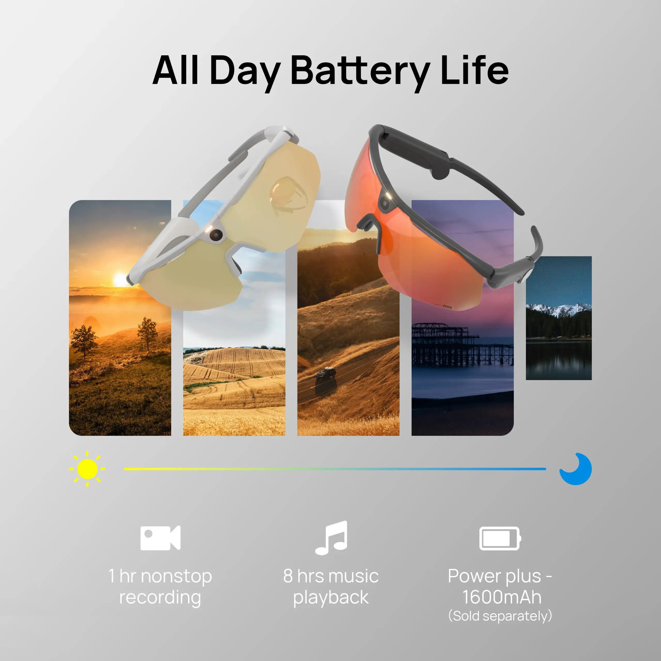 Zwei BleeqUp Ranger AI Sports Camera Glasses vor Tageszeiten-Hintergrund und Akkusymbolen