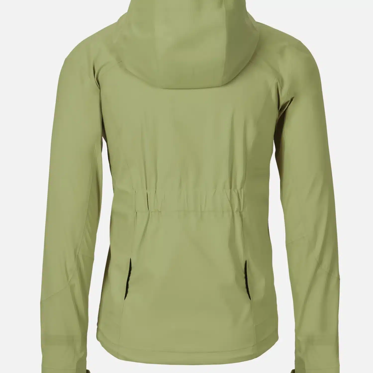 Rückansicht einer hellgrünen Canyon Fahrrad Regenjacke mit Kapuze