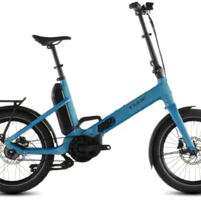 Cube Fold Hybrid Comfort 545 in seagrey´n´reflex, seitliche Ansicht, zusammengeklapptes E-Bike mit 20-Zoll-Rädern und Gepäckträger