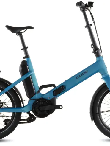 Cube Fold Hybrid Comfort 545 in seagrey´n´reflex, seitliche Ansicht, zusammengeklapptes E-Bike mit 20-Zoll-Rädern und Gepäckträger
