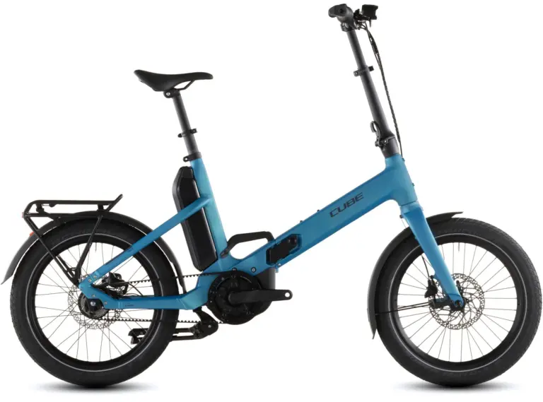 Cube Fold Hybrid Comfort 545 in seagrey´n´reflex, seitliche Ansicht, zusammengeklapptes E-Bike mit 20-Zoll-Rädern und Gepäckträger