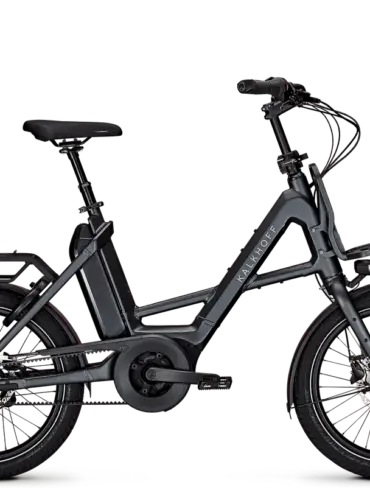 Seitenansicht des Kalkhoff Image C+ Advance E-Bikes mit 20-Zoll-Laufrädern, Riemenantrieb und Gepäckträger