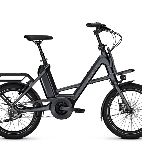 Seitenansicht des Kalkhoff Image C+ Advance E-Bikes mit 20-Zoll-Laufrädern, Riemenantrieb und Gepäckträger