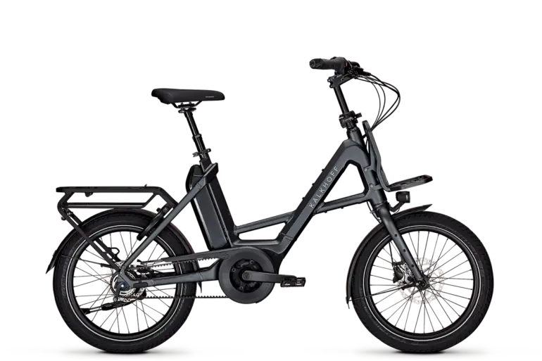 Seitenansicht des Kalkhoff Image C+ Advance E-Bikes mit 20-Zoll-Laufrädern, Riemenantrieb und Gepäckträger