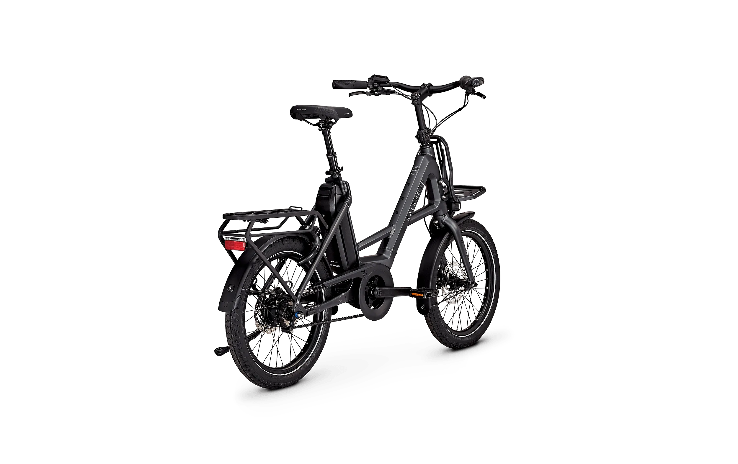 Kalkhoff Image C+ Advance E-Bike mit 20-Zoll-Laufrädern, Riemenantrieb und Gepäckträger auf schwarzem Hintergrund