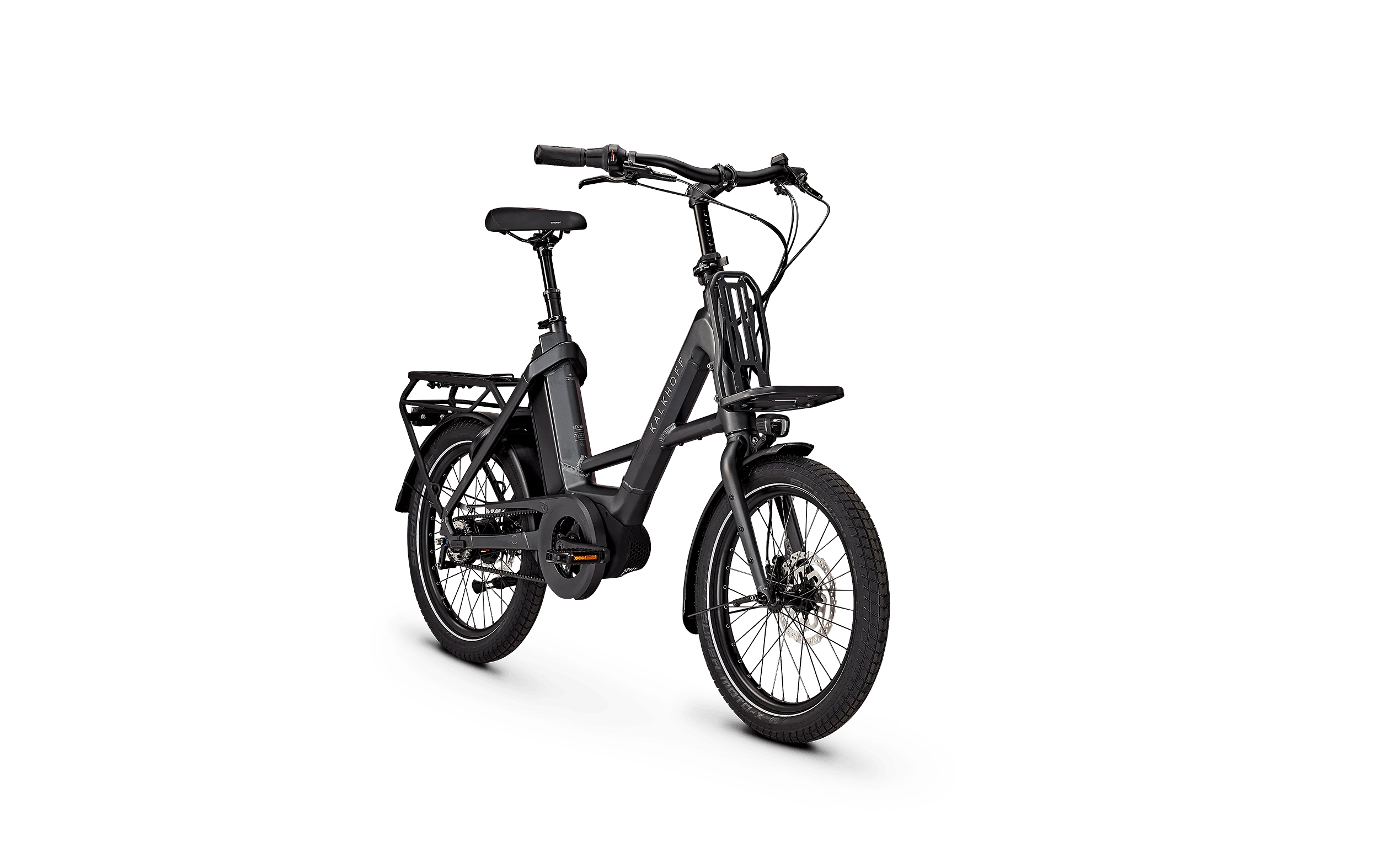 Kalkhoff Image C+ Advance E-Bike mit 20-Zoll-Laufrädern, Riemenantrieb und Gepäckträger vor schwarzem Hintergrund