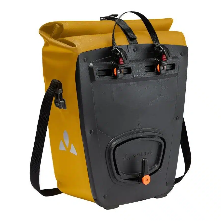 Gelbe VAUDE Proof Back TR Single Fahrradtasche mit schwarzer Hartschalen-Rückwand und Befestigungssystem