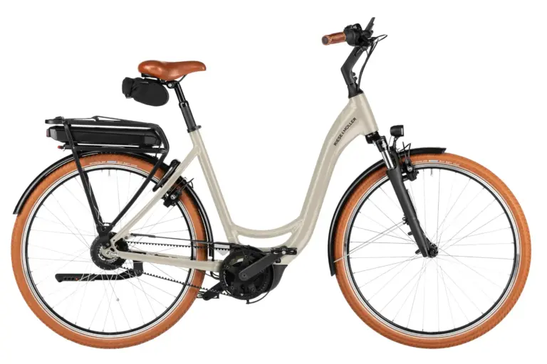 Riese & Müller Swing5 E-Bike in Almond mit braunen Reifen und Sattel, Seitenansicht