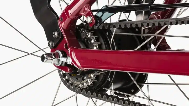 Nahaufnahme des Gates-Riemenantriebs am Hinterrad eines Riese & Müller Swing5 E-Bikes