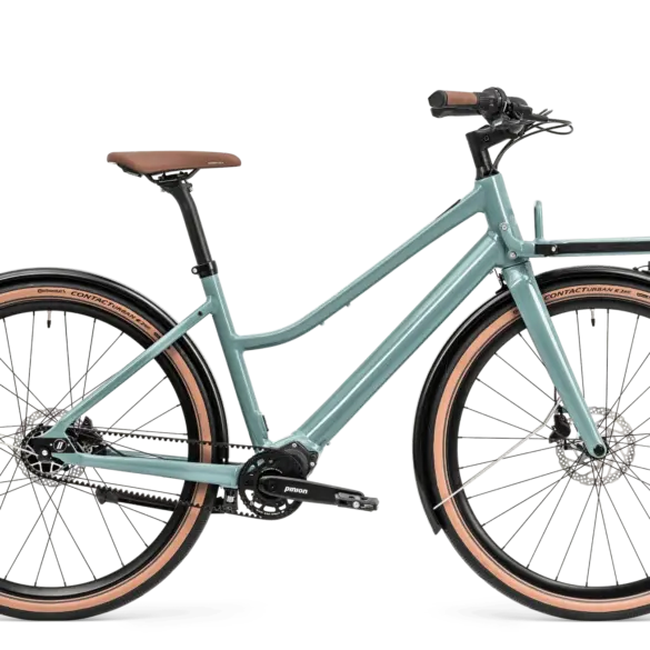 Schindelhauer Emilia E-Bike mit tiefem Einstieg und Frontgepäckträger in Sage Green