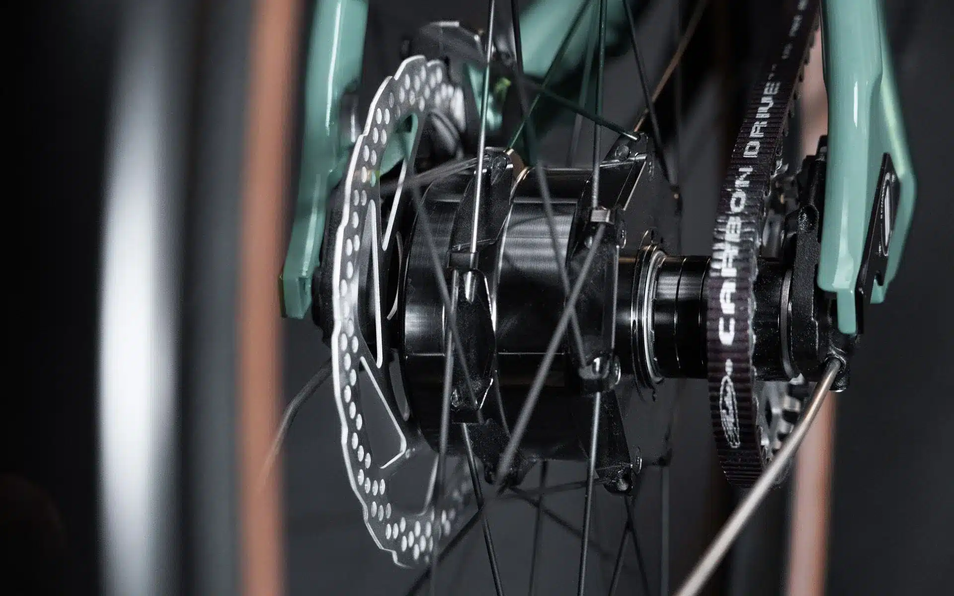 Nahaufnahme des Gates Carbon Drive Riemenantriebs und der Scheibenbremse am Hinterrad eines Schindelhauer Emilia E-Bikes