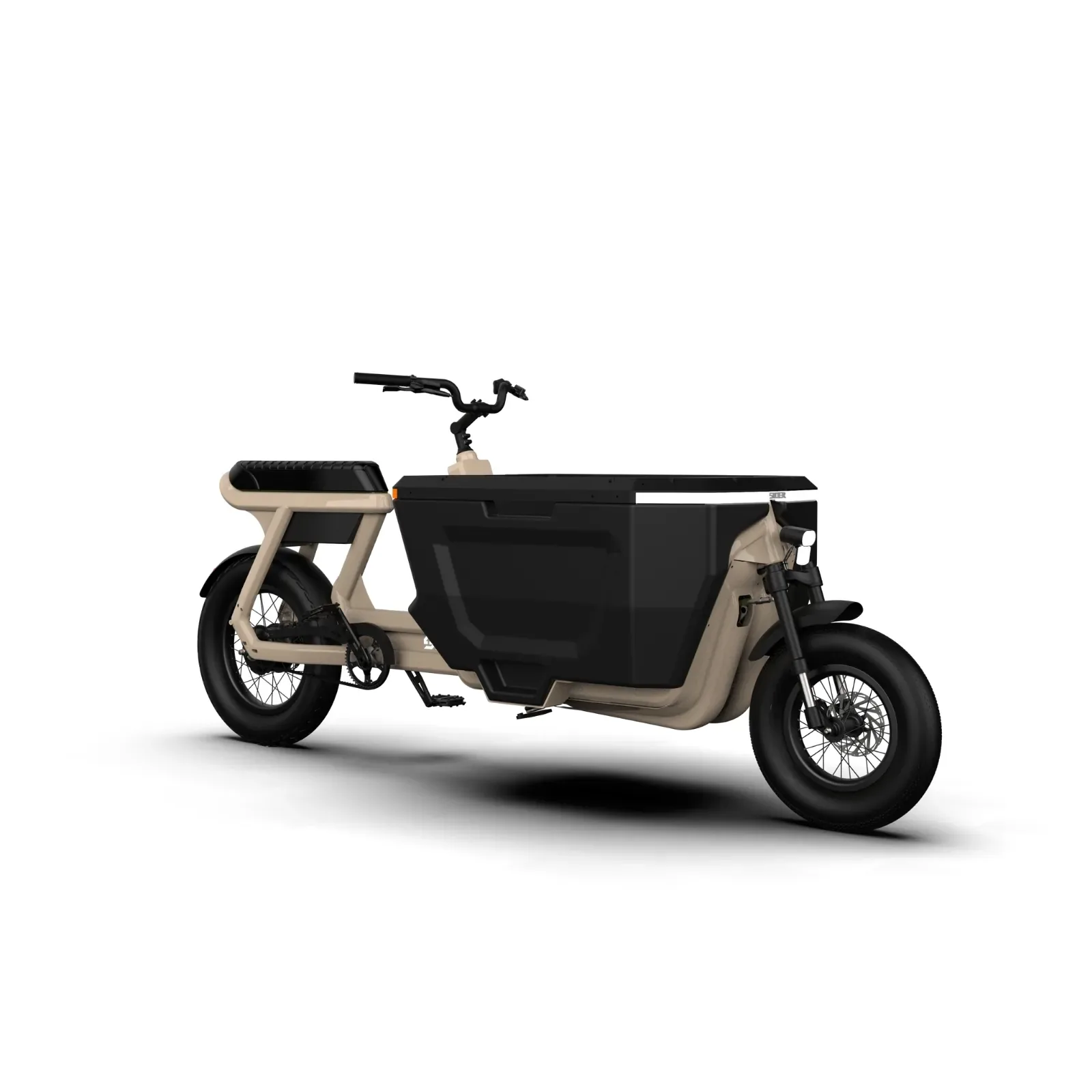 Seitenansicht des STOER CargoX E-Lastenrads mit großer Transportbox und breiten Reifen